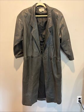 Vintage 1980s Long Leather Trench Coat - Oversized Black- Shoulder pads